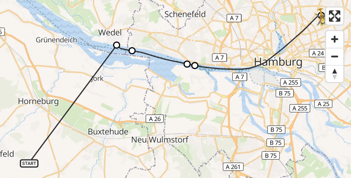 Flugroute Rettungshubschrauber Harsefeld - Hamburg Military Hospital, 28 Juni 2026, 12:39
