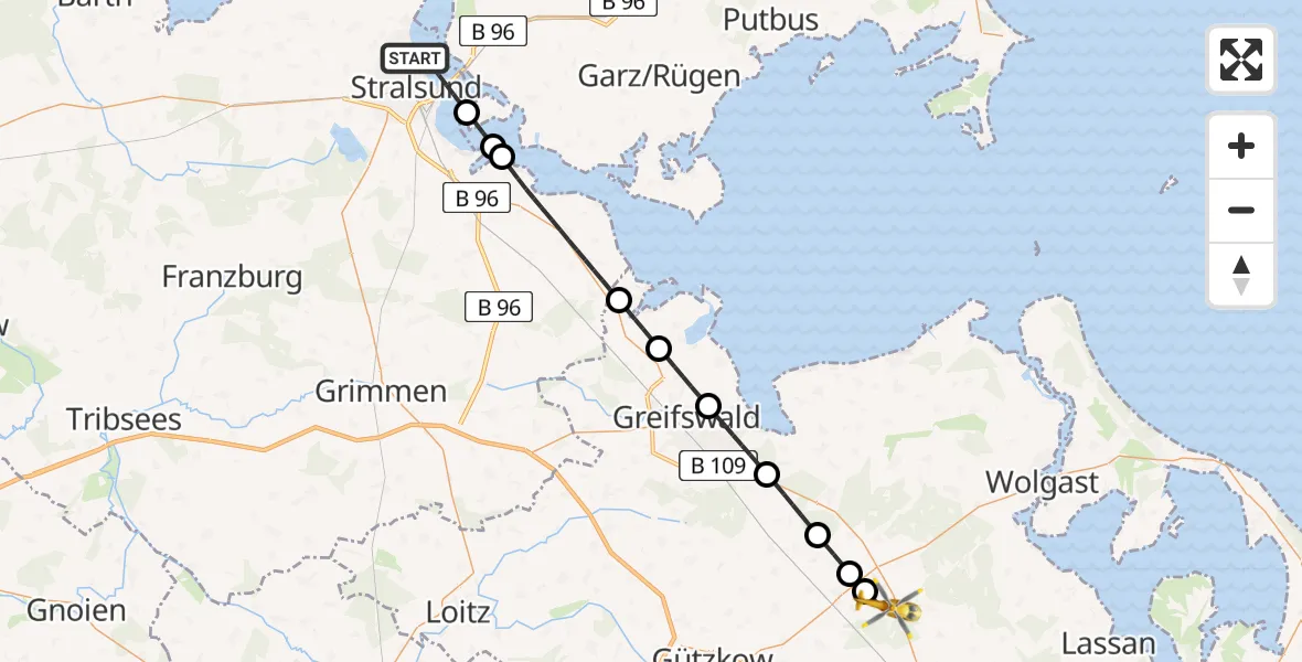 Flugroute Rettungshubschrauber Stralsund - Karlsburg, 28 Juni 2026, 12:42