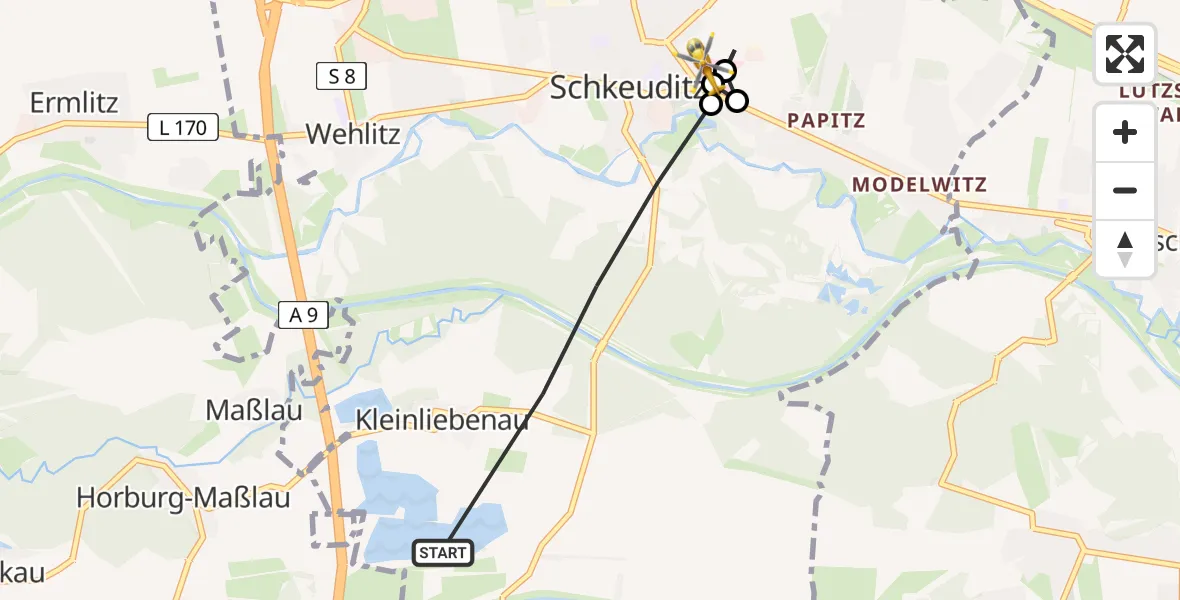 Flugroute Rettungshubschrauber Schkeuditz - Helios Clinic Schkeuditz, 28 Juni 2026, 12:46