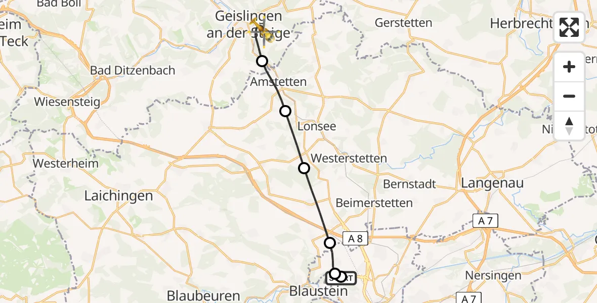 Flugroute Rettungshubschrauber Ulm Military Hospital Emergency - Geislingen an der Steige, 28 Juni 2026, 12:46