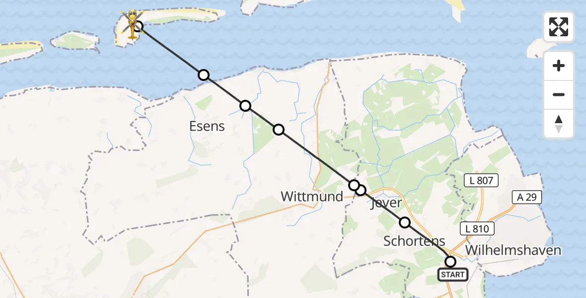 Flugroute Rettungshubschrauber Sande - Langeoog Flughafen, 28 Juni 2026, 12:46