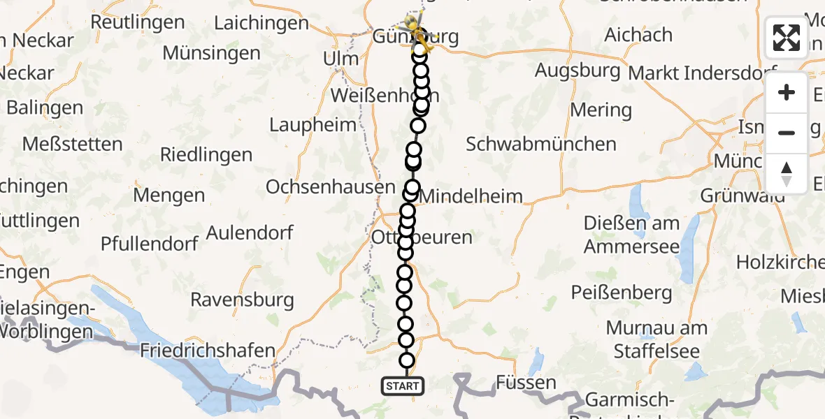 Flugroute Rettungshubschrauber Immenstadt i.Allgäu - Günzburg Hospital, 28 Juni 2026, 12:47