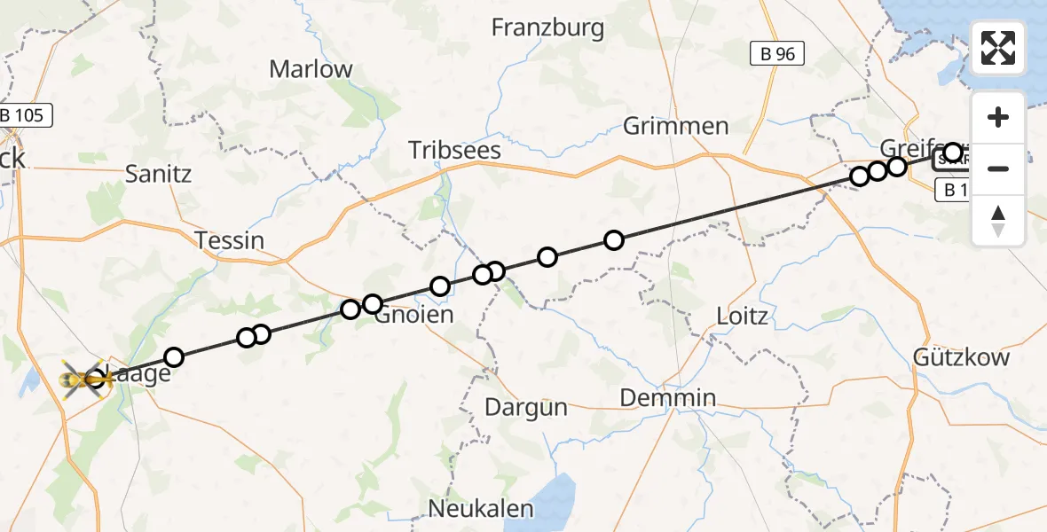 Flugroute Rettungshubschrauber Greifswald Hospital - Flughafen Rostock-Laage, 28 Juni 2026, 12:49
