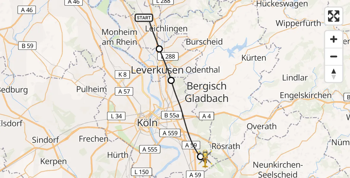 Flugroute Rettungshubschrauber Langenfeld (Rhld.) - Köln Bonn Flughafen, 28 Juni 2026, 12:50