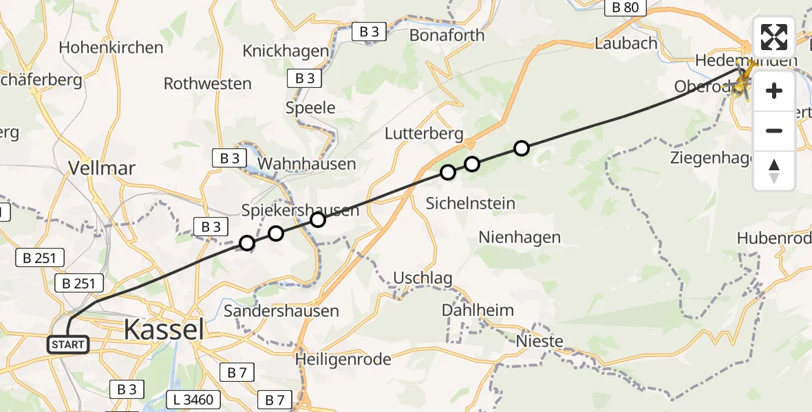 Flugroute Rettungshubschrauber Kassel - Hann.Münden, 28 Juni 2026, 12:50