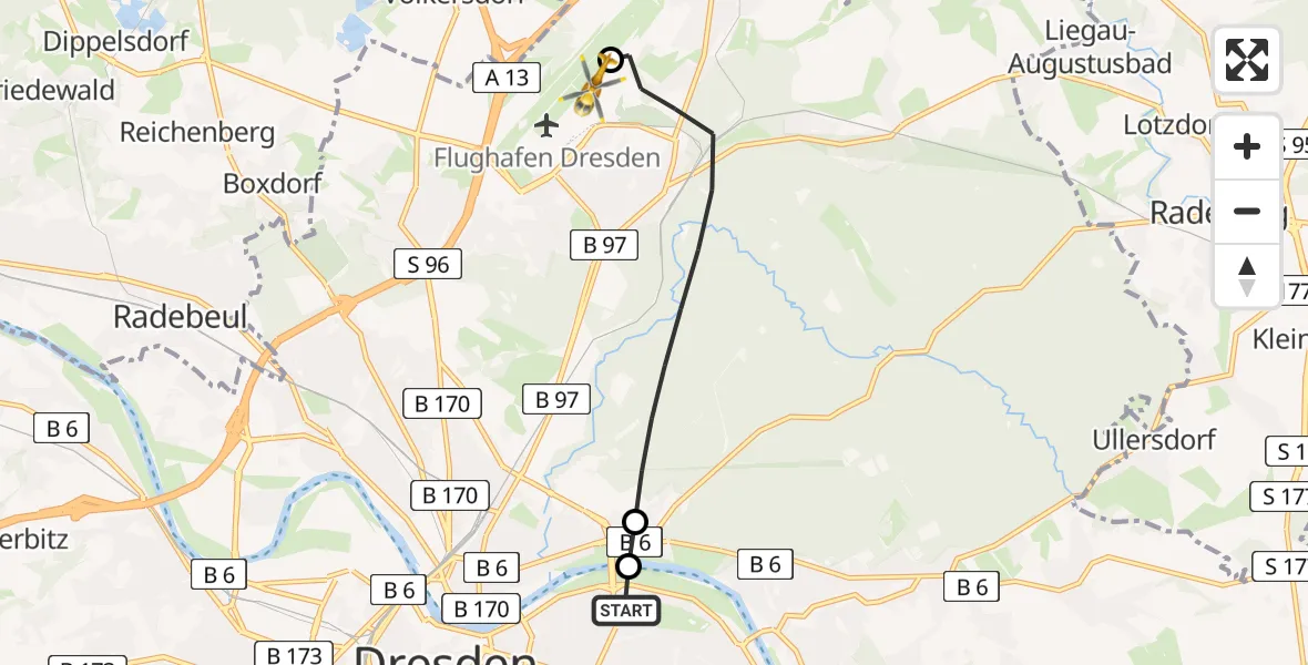 Flugroute Rettungshubschrauber Dresden University Hospital - Dresden Bundespolizei Hubschrauberlandeplatz, 28 Juni 2026, 12:56