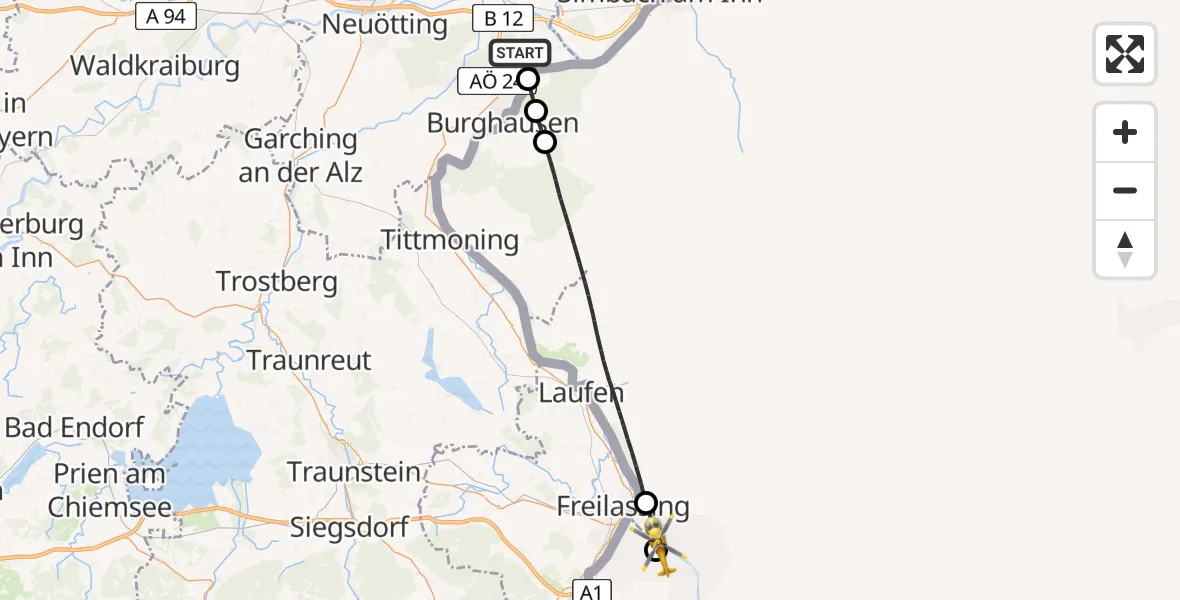Flugroute Rettungshubschrauber Haiming - Dachlandeplatz Heliport, 28 Juni 2026, 12:56
