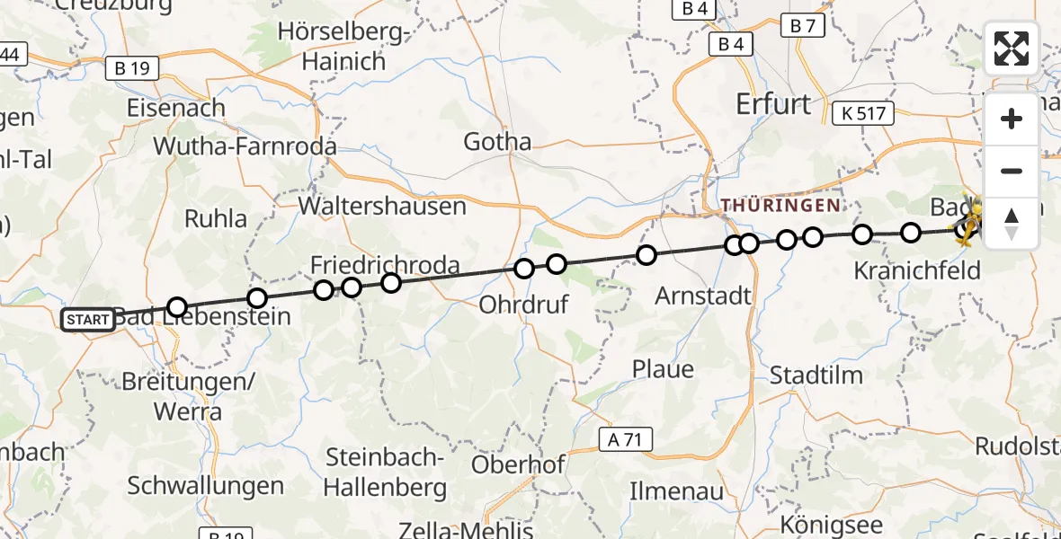 Flugroute Ambulanzhubschrauber Bad Salzungen - Bad Berka Central Hospital, 28 Juni 2026, 12:57