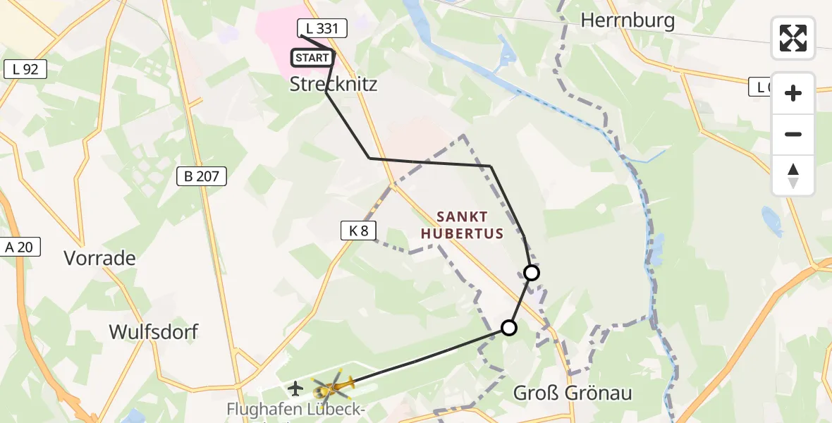 Flugroute Rettungshubschrauber Lübeck - Lübeck Blankensee Flughafen, 28 Juni 2026, 12:58