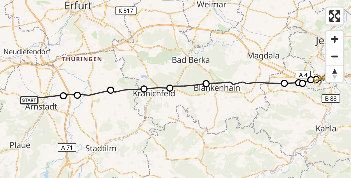 Flugroute Rettungshubschrauber Arnstadt - Jena, 28 Juni 2026, 12:58