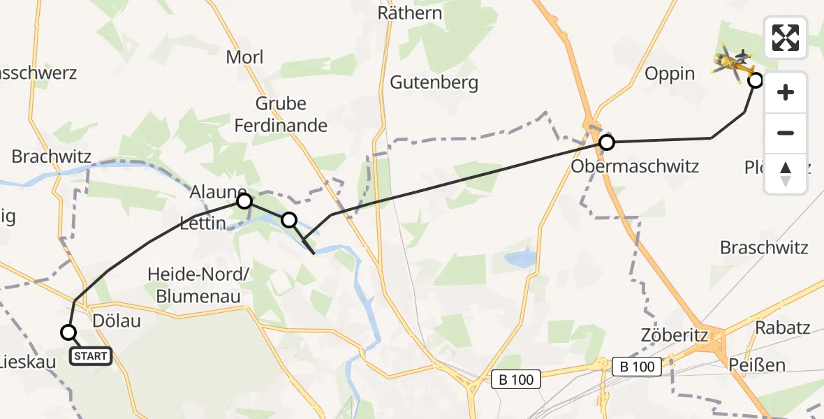 Flugroute Rettungshubschrauber Martha-Maria Halle-Dölau Hospital - Halle-Oppin Flugplatz, 28 Juni 2026, 13:03