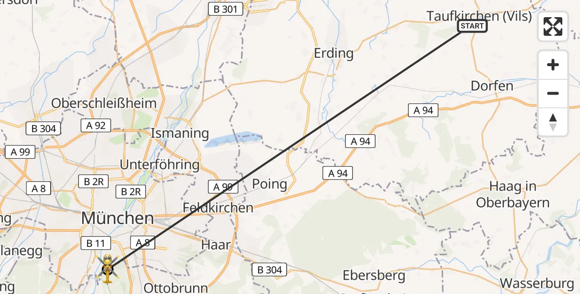 Flugroute Rettungshubschrauber Taufkirchen (Vils) - ADAC Air Rescue Center Hubschrauberlandeplatz (Christoph 1), 28 Juni 2026, 13:03