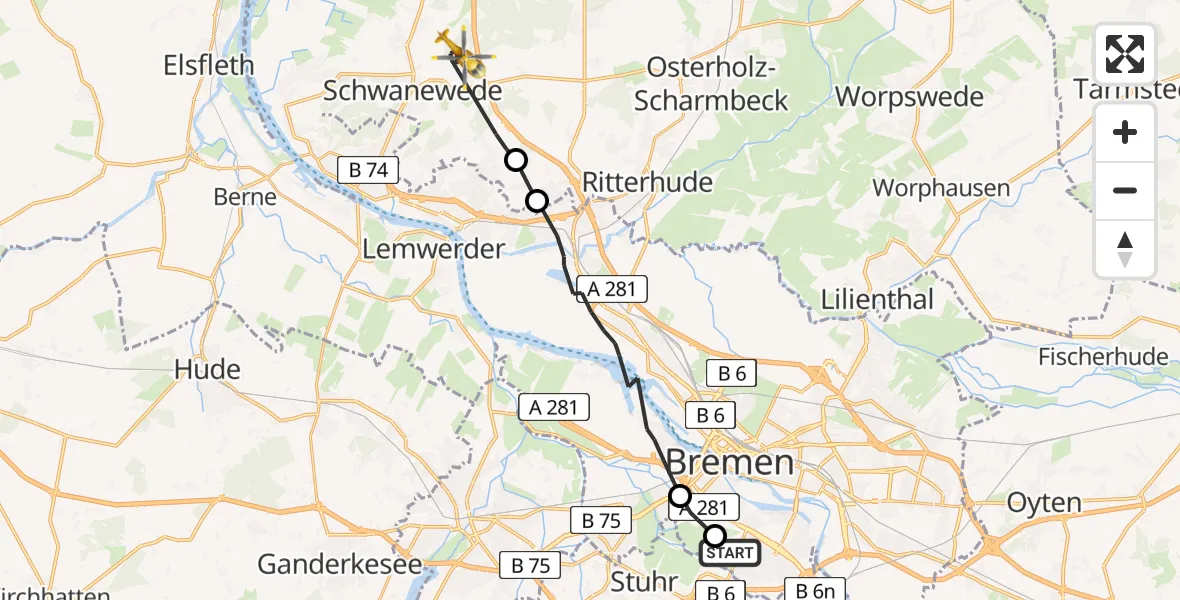 Flugroute Rettungshubschrauber Bremen - Schwanewede, 28 Juni 2026, 13:04