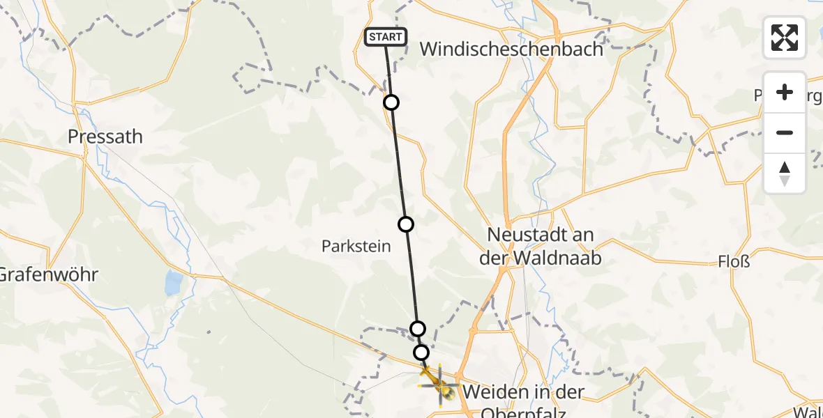 Flugroute Rettungshubschrauber Erbendorf - Weiden in der Oberpfalz Flugplatz, 28 Juni 2026, 13:04