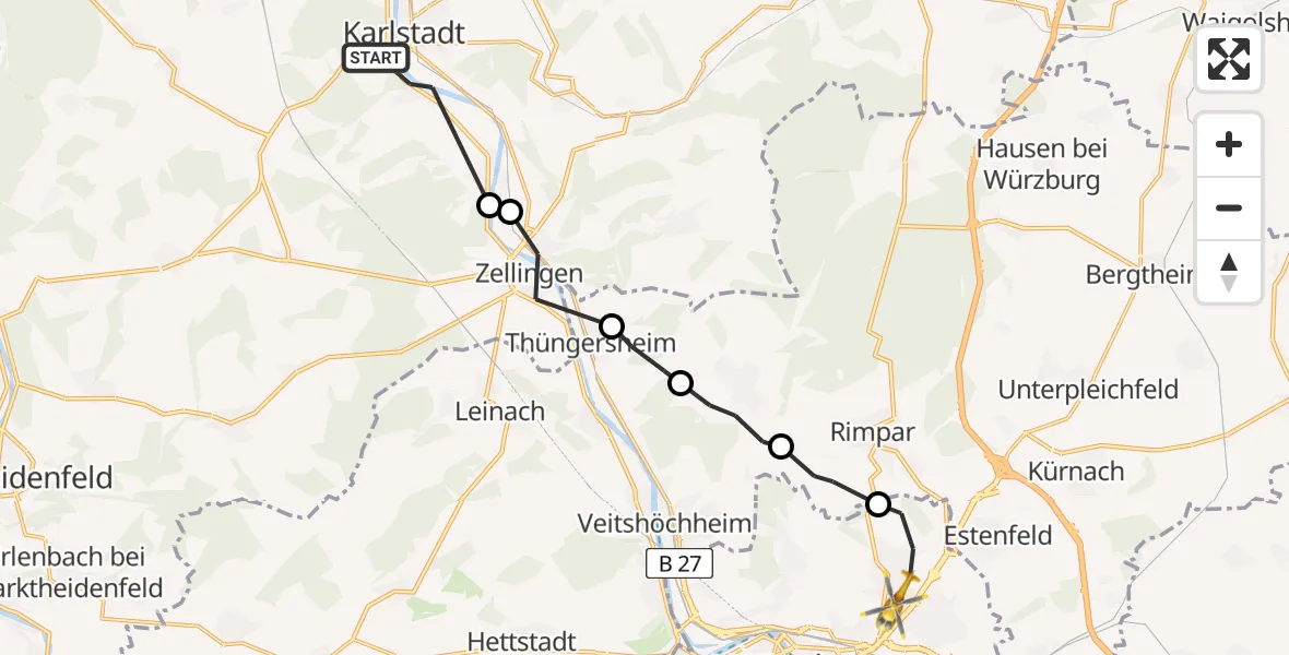 Flugroute Rettungshubschrauber Karlstadt - Würzburg, 28 Juni 2026, 13:06