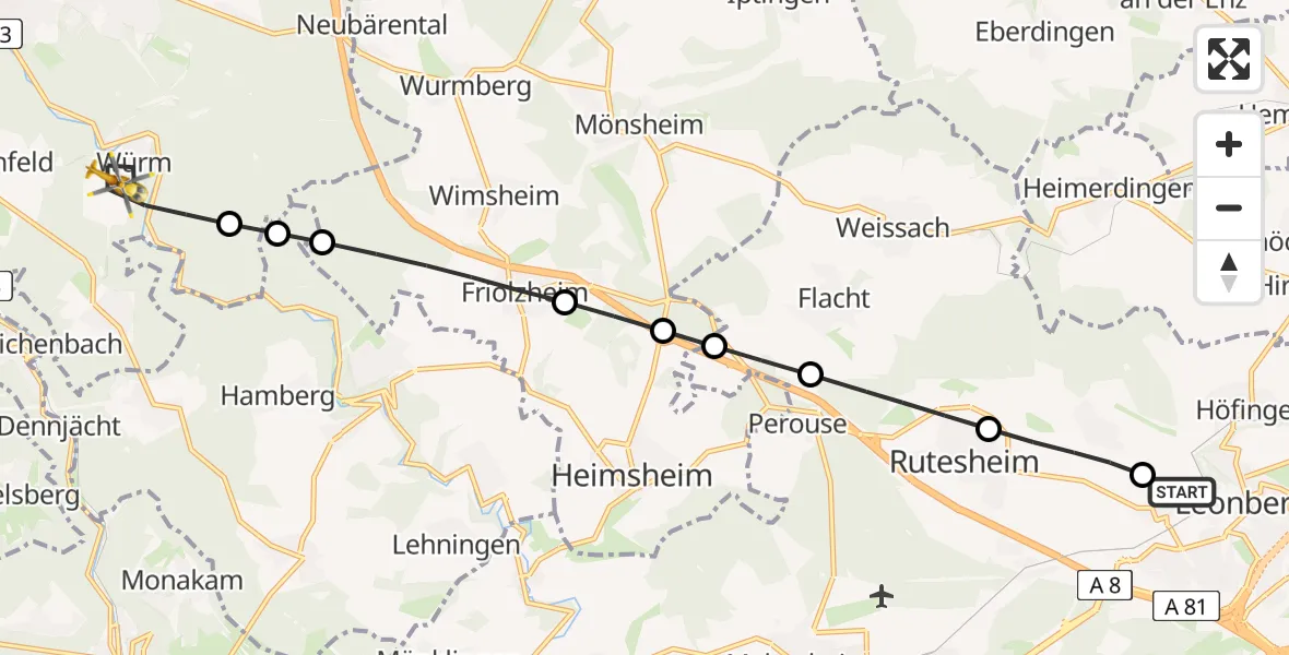 Flugroute Rettungshubschrauber Leonberg Hospital - Pforzheim, 28 Juni 2026, 13:15