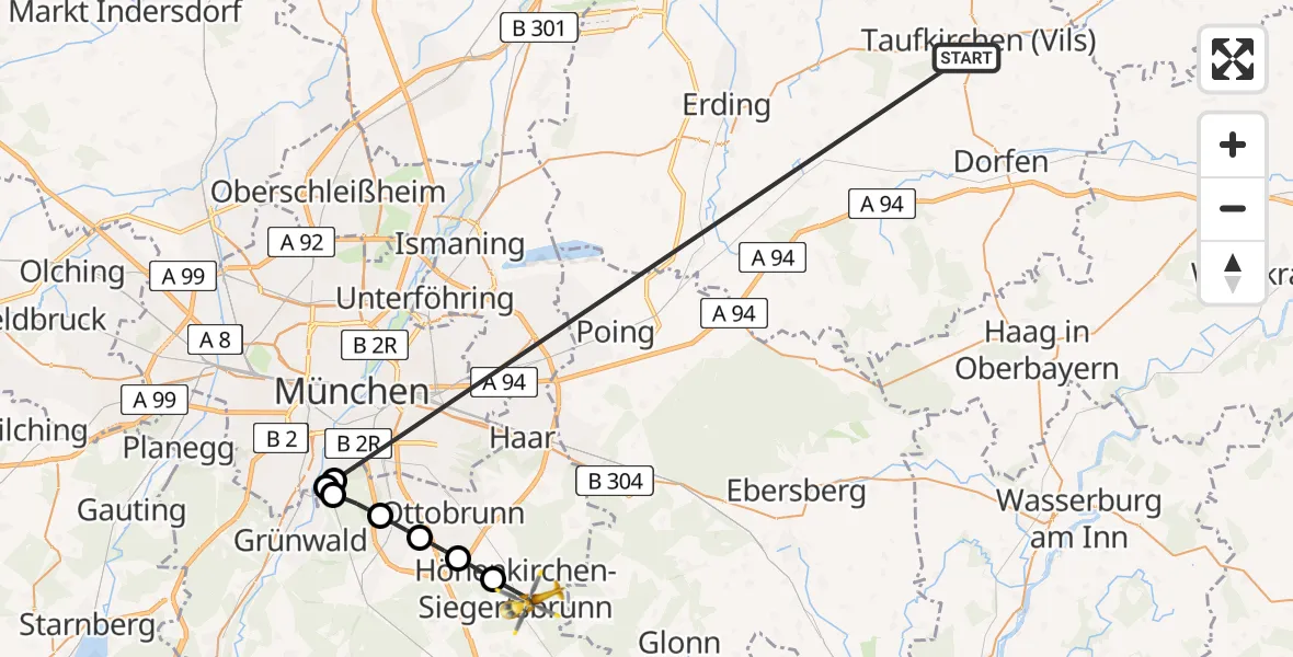 Flugroute Rettungshubschrauber Taufkirchen (Vils) - Höhenkirchen-Siegertsbrunn, 28 Juni 2026, 13:19