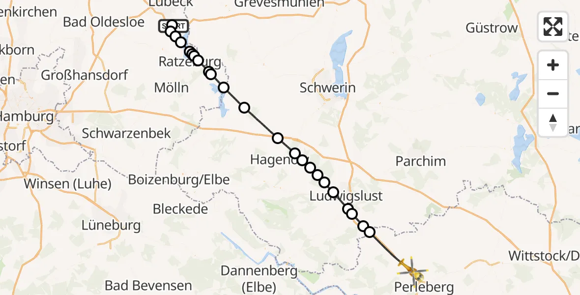 Flugroute Rettungshubschrauber Lübeck Blankensee Flughafen - Perleberg, 28 Juni 2026, 13:21
