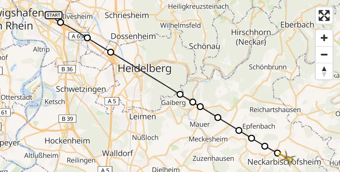 Flugroute Rettungshubschrauber Mannheim-City Flughafen - Neckarbischofsheim, 28 Juni 2026, 13:22