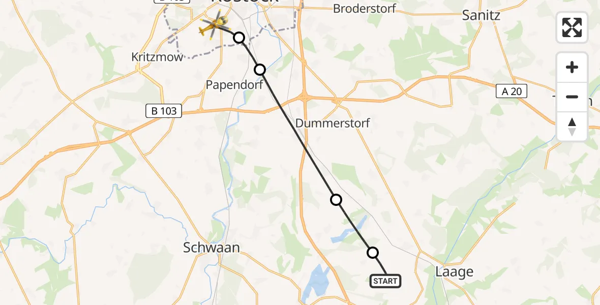 Flugroute Rettungshubschrauber Flughafen Rostock-Laage - Rostock, 28 Juni 2026, 13:27