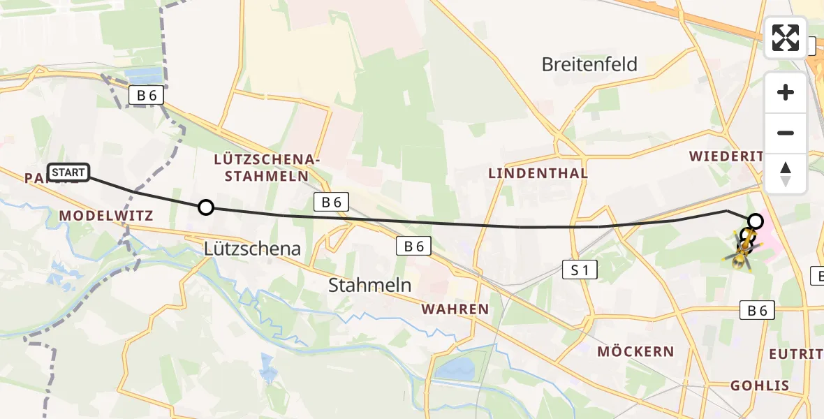 Flugroute Rettungshubschrauber Schkeuditz - Sankt Georg Hospital Leipzig Reserve, 28 Juni 2026, 13:30