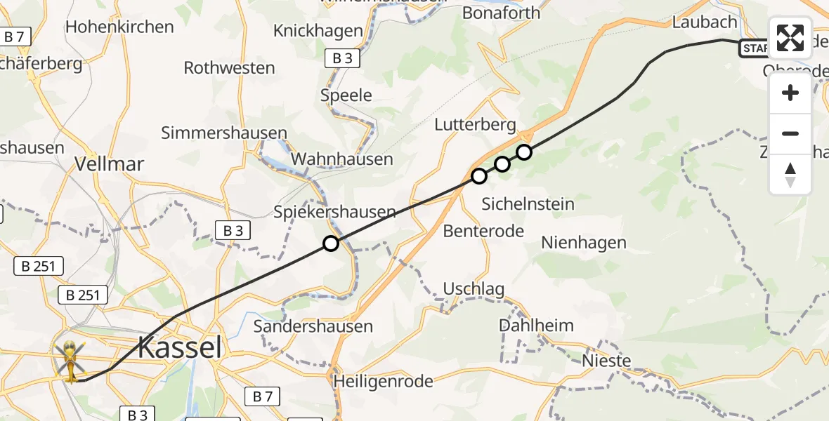Flugroute Rettungshubschrauber Hann.Münden - Kassel, 28 Juni 2026, 13:30