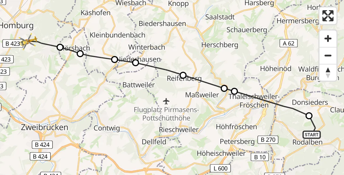 Flugroute Rettungshubschrauber Rodalben - Homburg, 28 Juni 2026, 13:31