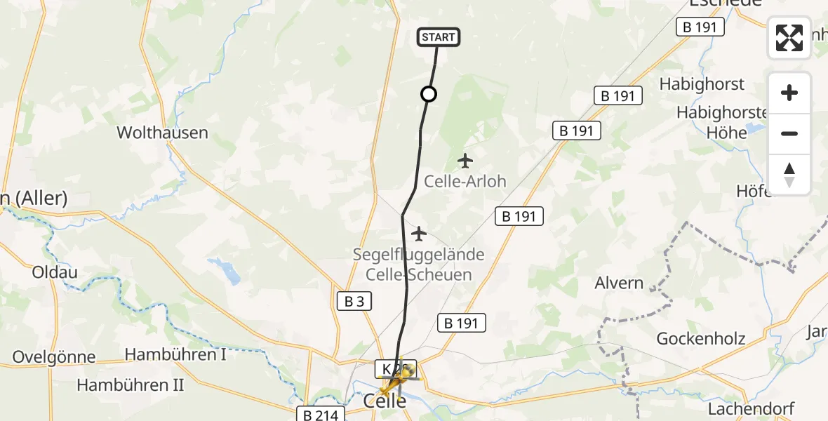 Flugroute Rettungshubschrauber Bergen - Celle, 28 Juni 2026, 13:35