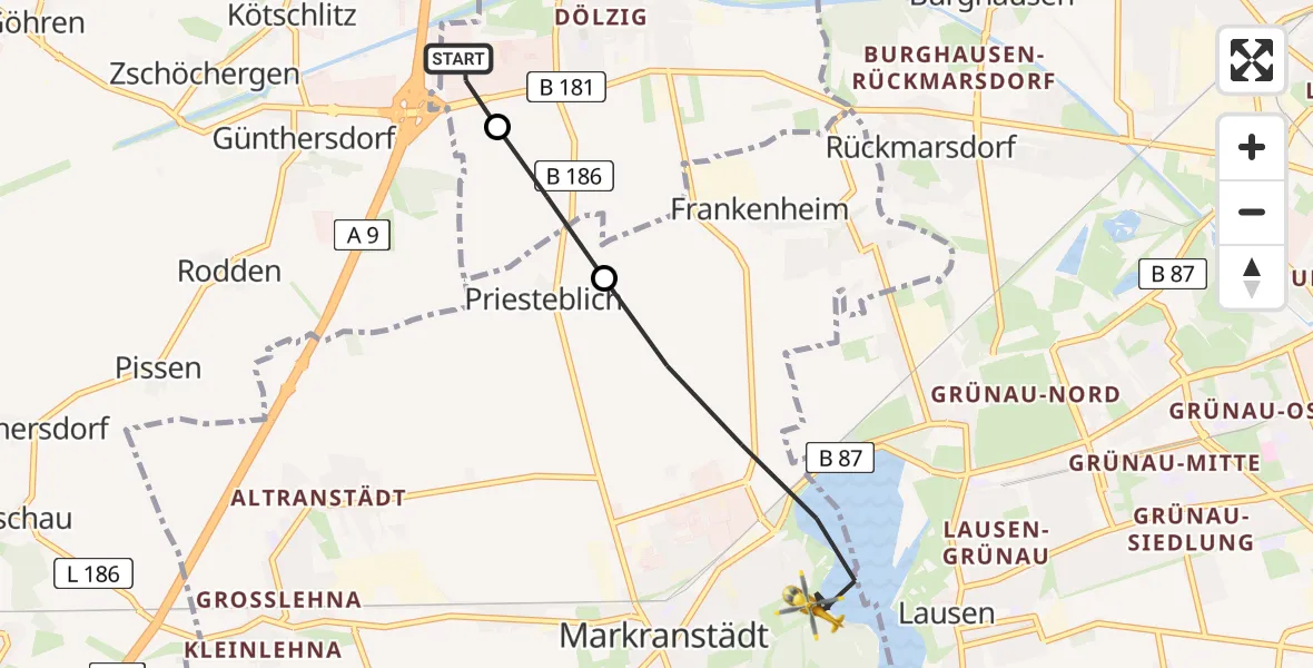 Flugroute Rettungshubschrauber ADAC Air Rescue Station Leipzig/Schkeuditz-Dölzig Hubschrauberlandeplatz (Christoph 61) - Markranstädt, 28 Juni 2026, 13:37