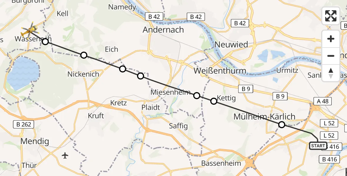 Flugroute Rettungshubschrauber Koblenz - Wassenach, 28 Juni 2026, 13:37