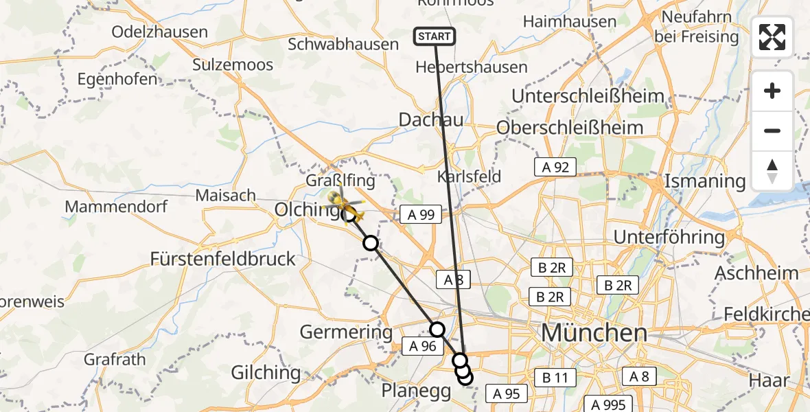 Flugroute Rettungshubschrauber Röhrmoos - Olching, 28 Juni 2026, 13:38