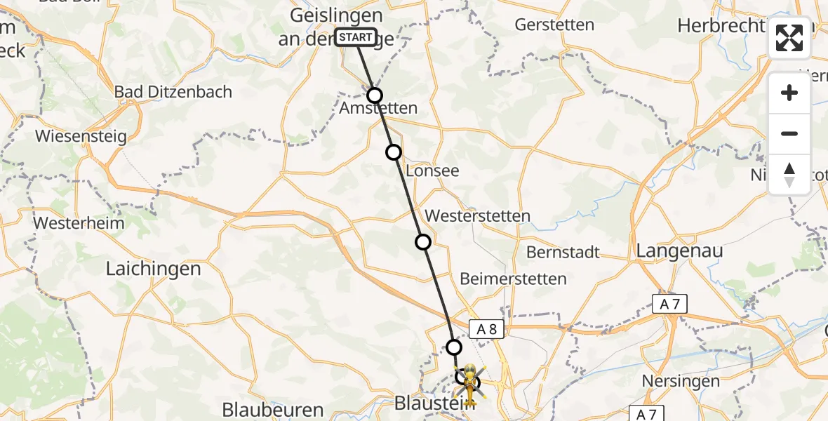 Flugroute Rettungshubschrauber Geislingen an der Steige - Ulm Military Hospital Emergency, 28 Juni 2026, 13:38