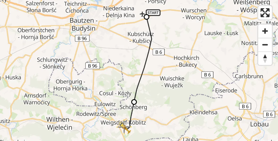 Flugroute Rettungshubschrauber Bautzen Flugplatz - Cunewalde, 28 Juni 2026, 13:39