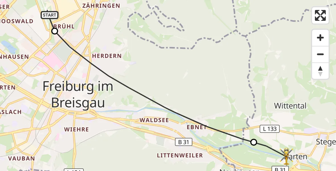 Flugroute Ambulanzhubschrauber Freiburg im Breisgau Flugplatz - Kirchzarten, 28 Juni 2026, 13:41