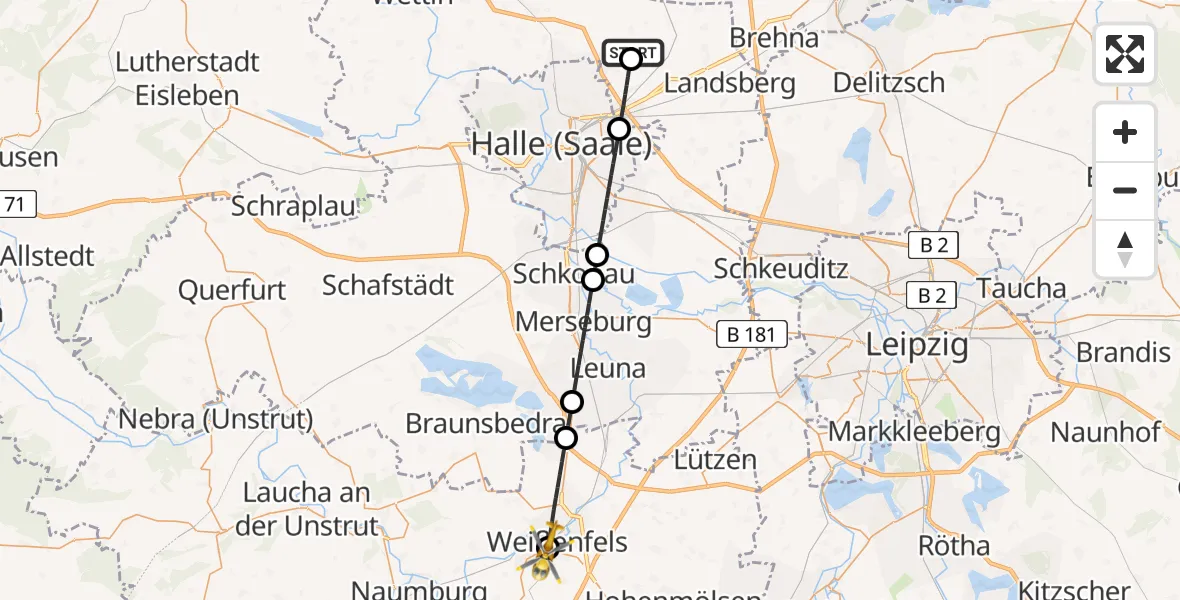 Flugroute Rettungshubschrauber Halle-Oppin Flugplatz - Asklepios Clinic Weißenfels, 28 Juni 2026, 13:46