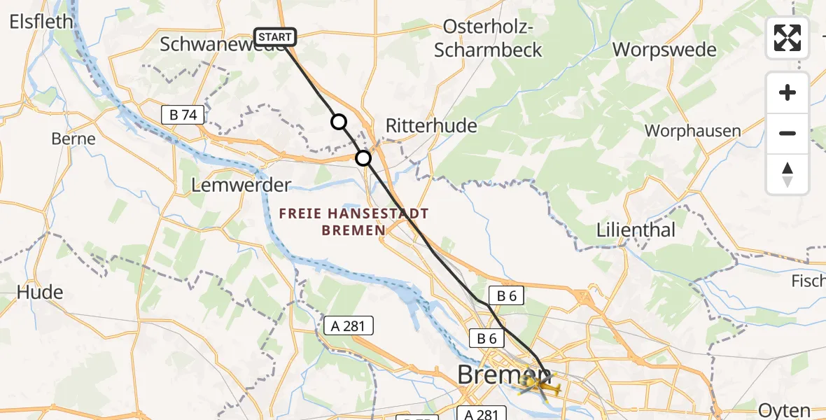 Flugroute Rettungshubschrauber Schwanewede - Bremen, 28 Juni 2026, 13:48