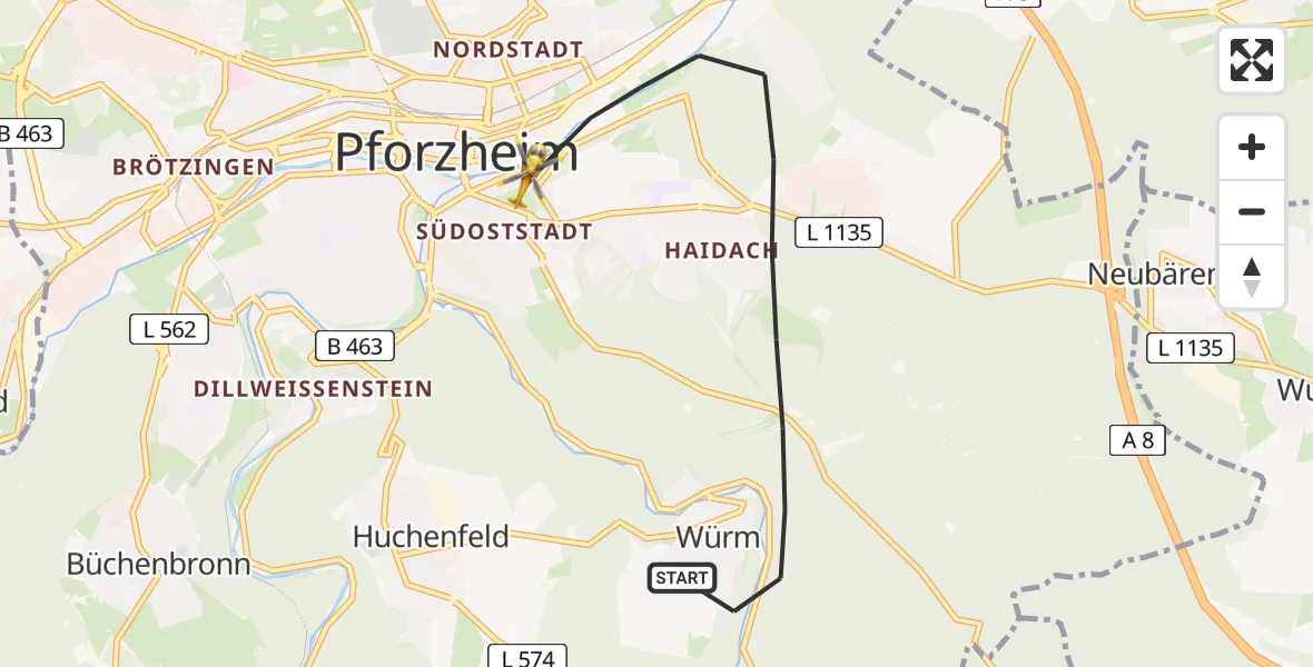 Flugroute Rettungshubschrauber Pforzheim - Pforzheim, 28 Juni 2026, 13:52