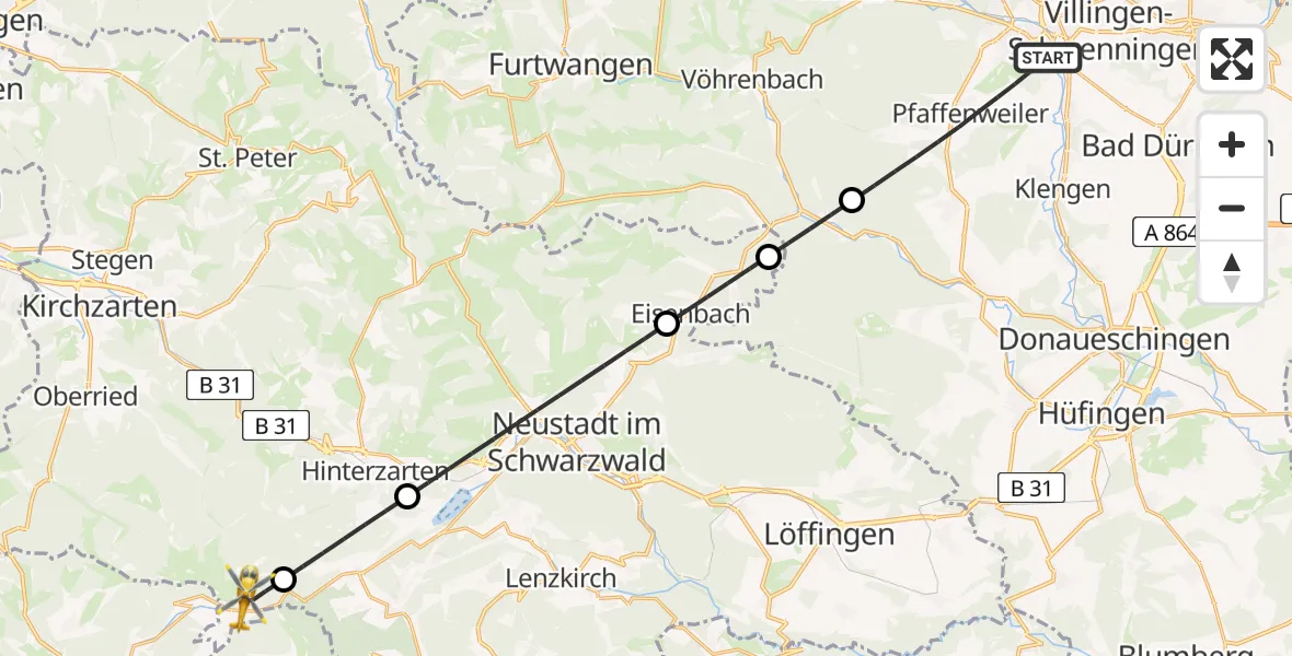 Flugroute Ambulanzhubschrauber Villingen-Schwenningen - Feldberg (Schwarzwald), 28 Juni 2026, 13:52