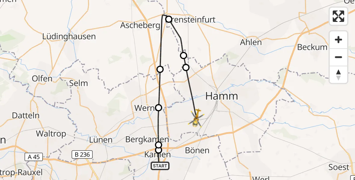 Flugroute Ambulanzhubschrauber Kamen - Hamm, 28 Juni 2026, 14:02