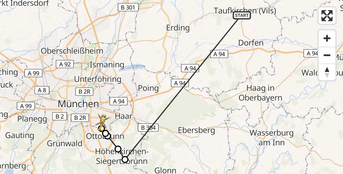 Flugroute Rettungshubschrauber Taufkirchen (Vils) - München, 28 Juni 2026, 14:02