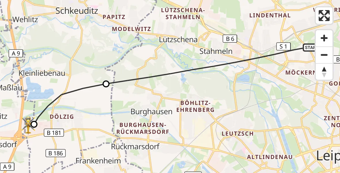 Flugroute Rettungshubschrauber Leipzig - ADAC Air Rescue Station Leipzig/Schkeuditz-Dölzig Hubschrauberlandeplatz (Christoph 61), 28 Juni 2026, 14:03