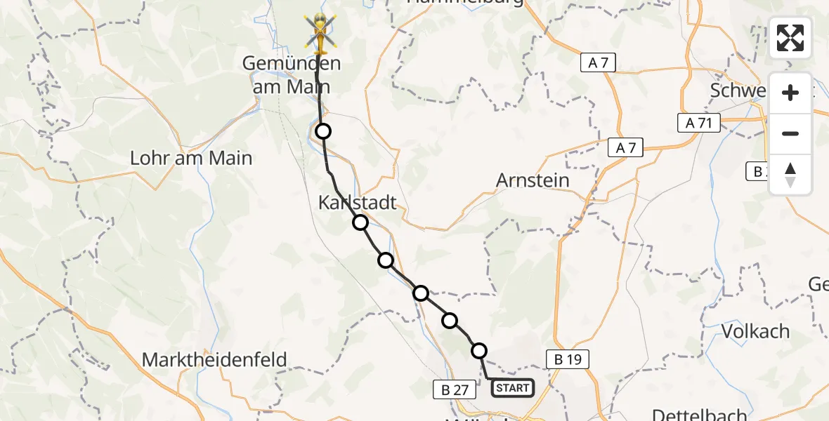 Flugroute Rettungshubschrauber Würzburg - Gräfendorf, 28 Juni 2026, 14:04
