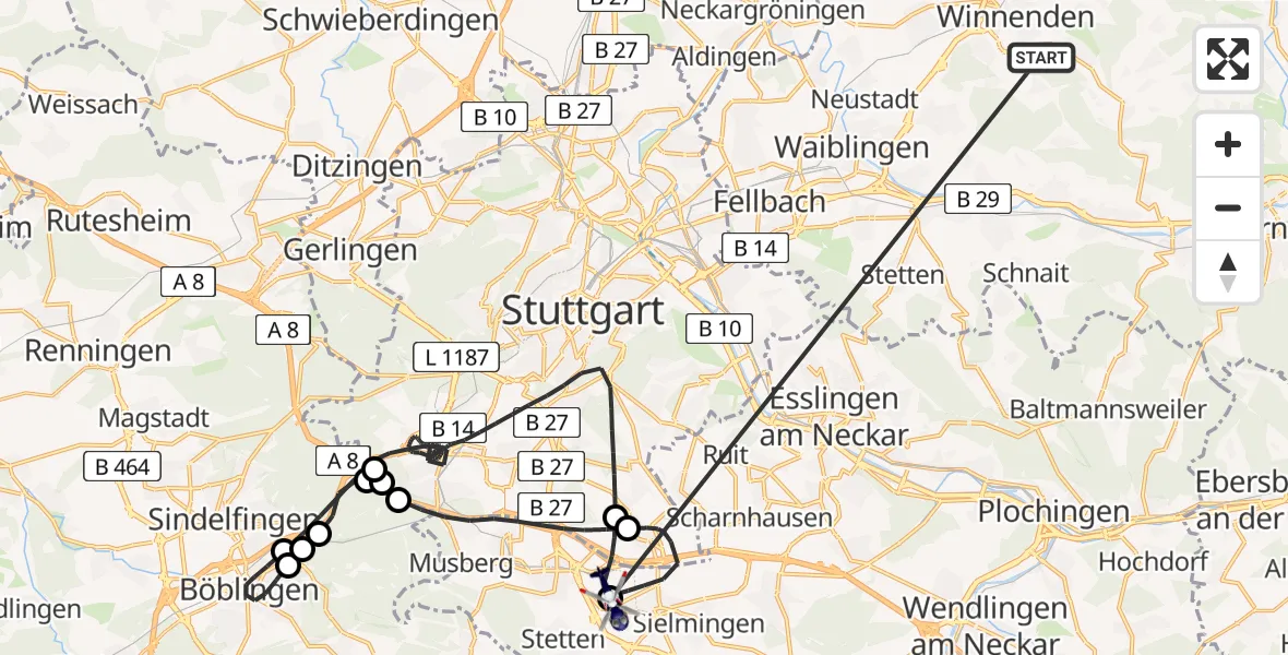 Flugroute Polizeihubschrauber Winnenden - Flughafen Stuttgart, 28 Juni 2026, 14:06