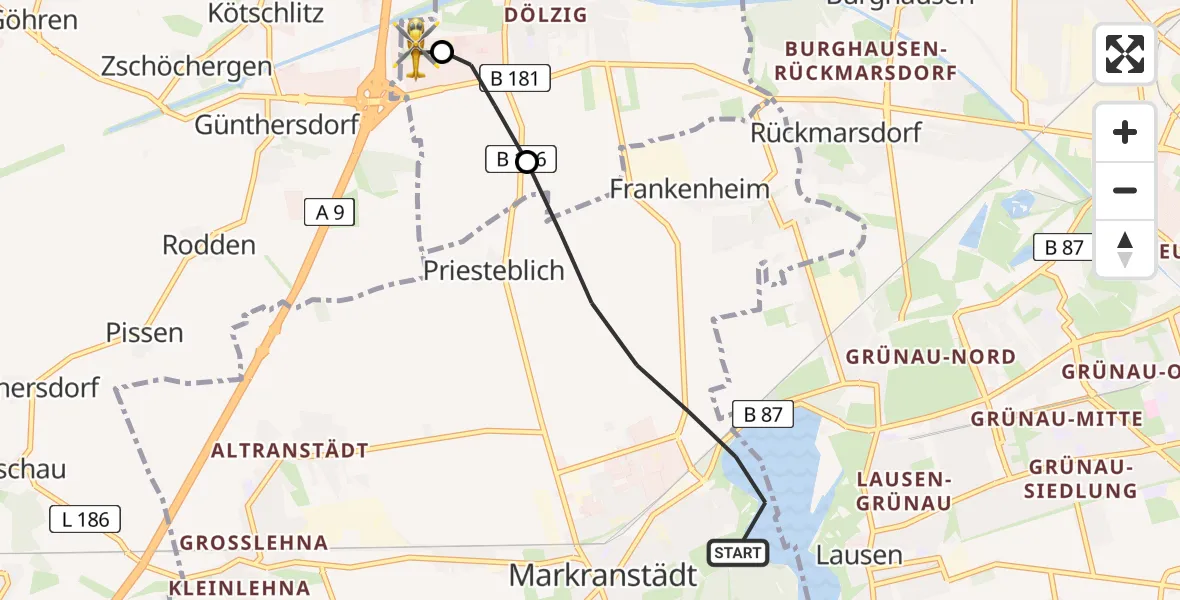 Flugroute Rettungshubschrauber Markranstädt - ADAC Air Rescue Station Leipzig/Schkeuditz-Dölzig Hubschrauberlandeplatz (Christoph 61), 28 Juni 2026, 14:13