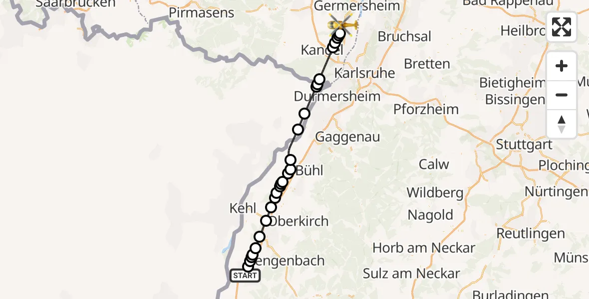 Flugroute Ambulanzhubschrauber Lahr Flughafen - Rülzheim, 28 Juni 2026, 14:14