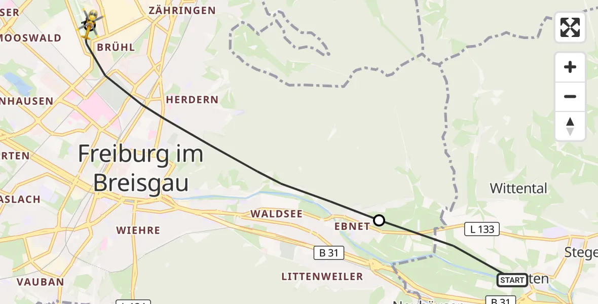 Flugroute Ambulanzhubschrauber Kirchzarten - Freiburg im Breisgau Flugplatz, 28 Juni 2026, 14:24