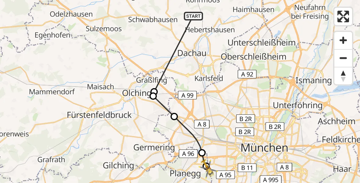 Flugroute Rettungshubschrauber Röhrmoos - DRF Air Rescue München Hubschrauberlandeplatz, 28 Juni 2026, 14:25