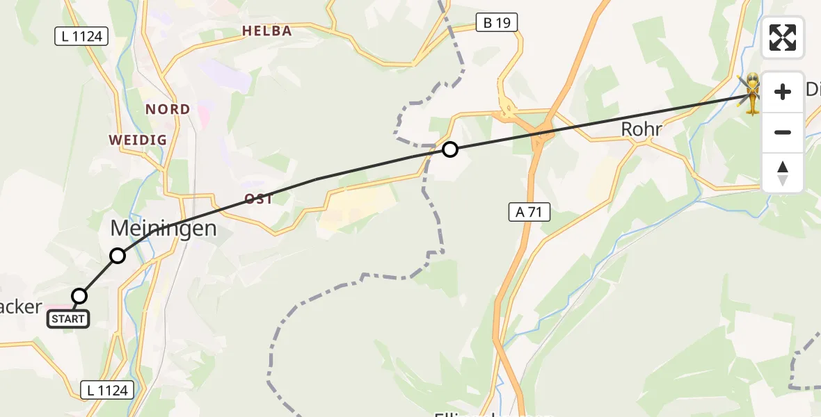 Flugroute Rettungshubschrauber Helios Clinic Meiningen - Dillstädt, 28 Juni 2026, 14:25