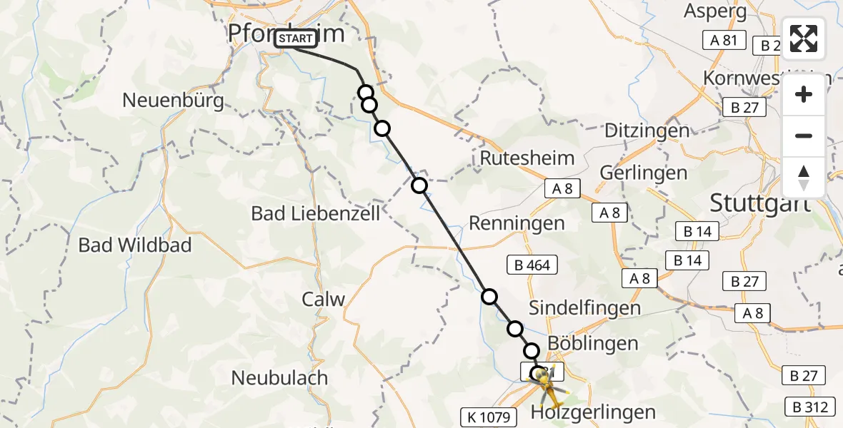 Flugroute Rettungshubschrauber Pforzheim - Ehningen, 28 Juni 2026, 14:27