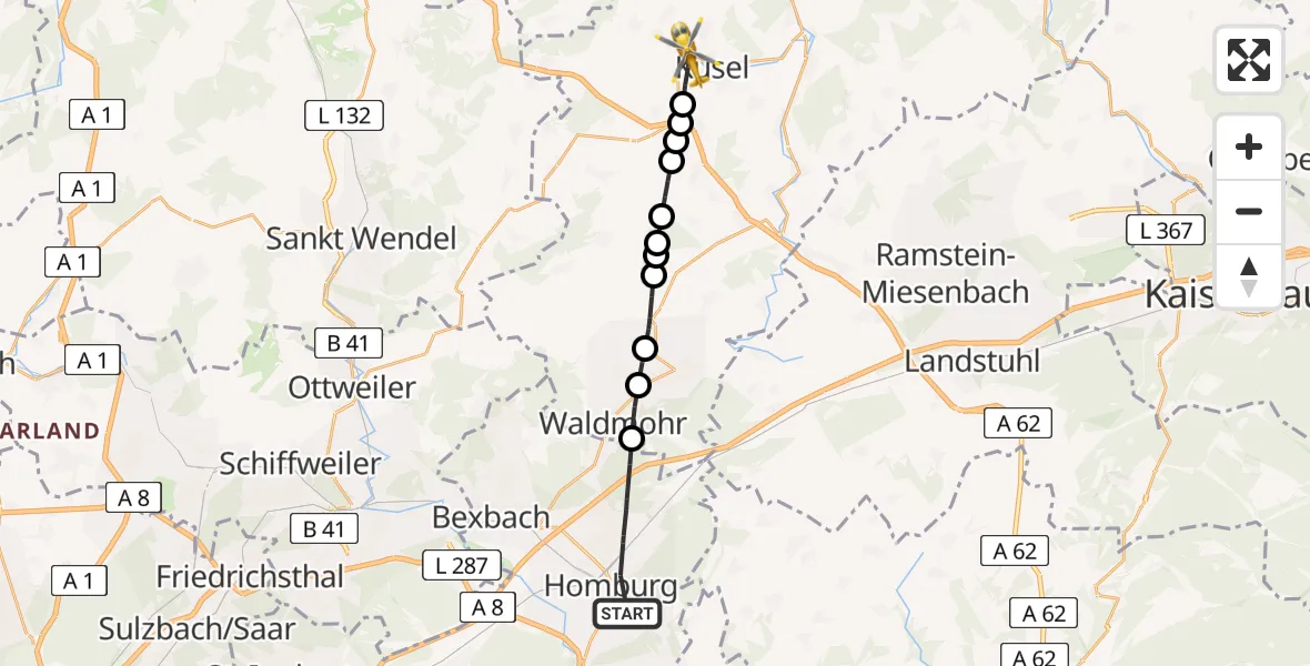 Flugroute Rettungshubschrauber Homburg - Kusel, 28 Juni 2026, 14:28